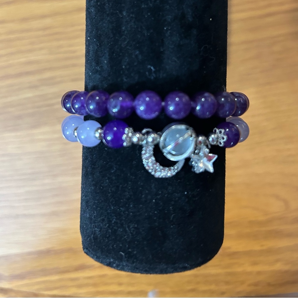 Amethyst Beaded Bracelet Set with Moon and Star